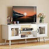 Turosur Wood TV Stand for 55 Inch TV, Mid Century Modern Entertainment Center with Adjustable Shelf, Sensor LED Light, 2 Cabinets, TV Media Console for Living Room Bedroom White