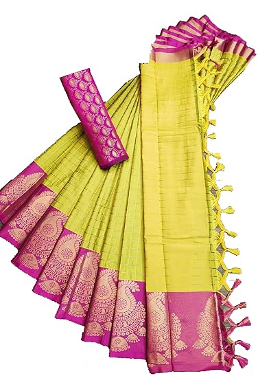 Women's Yellow Colour Cotton Silk Keri Jumka Border Saree With Unstitch Jacquard blouse (Yellow Color,Free size)