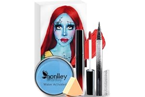 Honlley Hallloween Sally Makeup Kit, Corpse Bride Sally Nightmare Face Costume Cosplay Christmas Women, Water Activated Light Blue Face Body Paint Cake + Black Liquid Eyeliner + Red Lipstick + Sponge