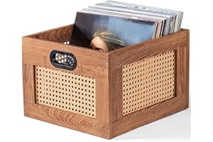 LELELINKY Vinyl Record Storage Crate, Rattan Vinyl Record Holder with Handle, Wood Record Crate for Vinyls Holder up to 75 LP's, Desktop Cube Album Storage for Vinyls Records(Tea Brown)