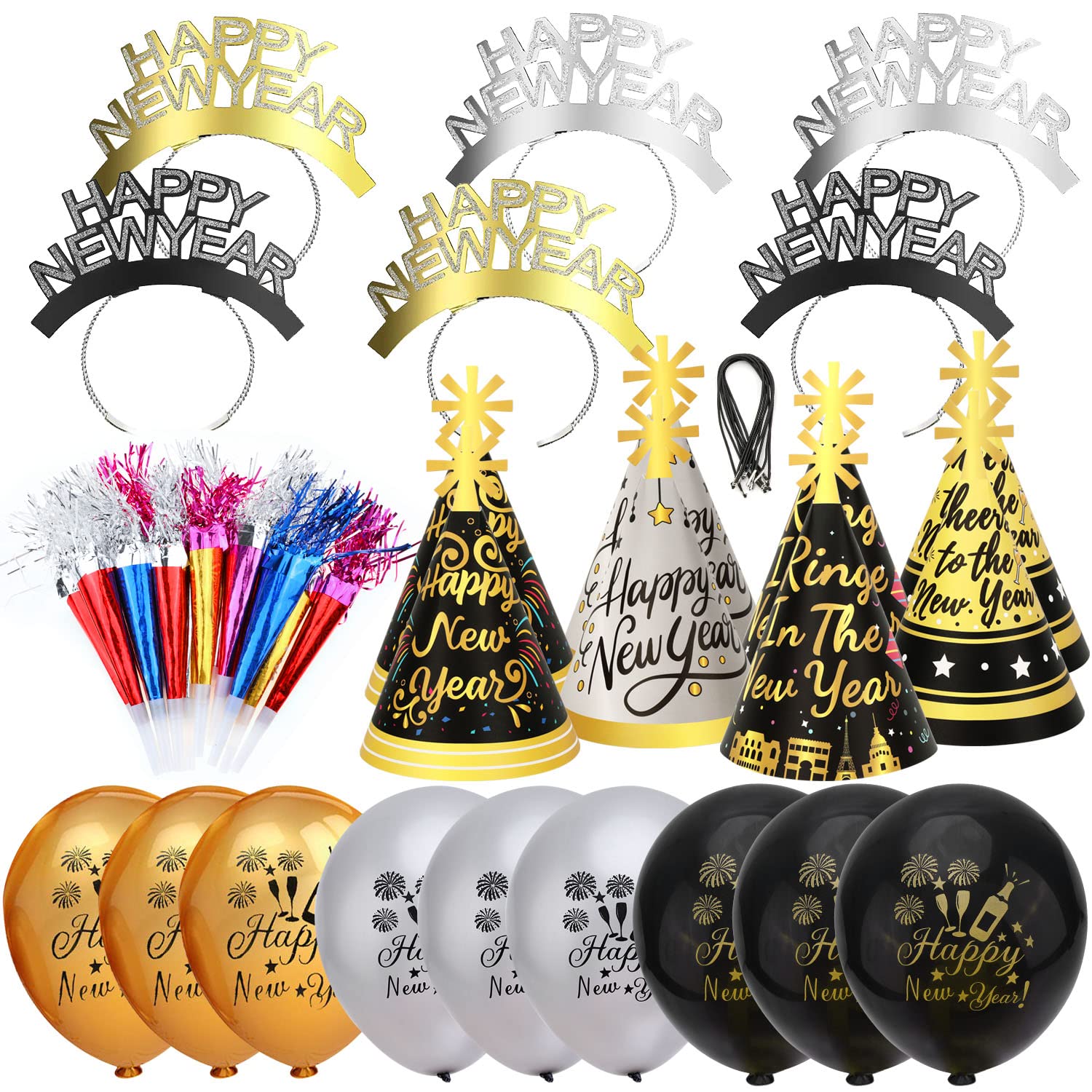 HOWAF 2026 New Year Eve Party Supplies, 43pcs Happy New Year Party Decorations Kit with Headband Horns Hats Blowouts and Balloons for Adults