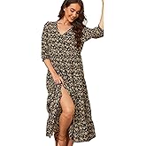 Beautiful Nomad Women's Casual V Neck Boho Dress Puff Sleeve High Waist Floral Smocked Flowy Ruffle Midi Dresses
