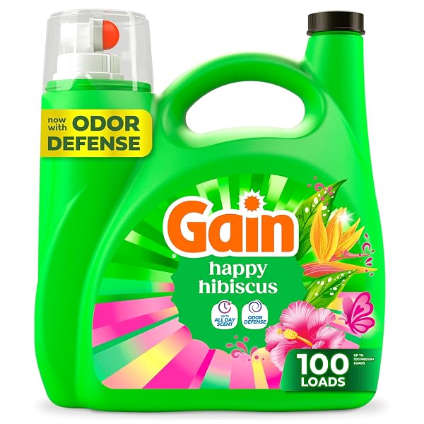 GAIN LIQUID LAUNDRY DETERGENT, WITH ODOR DEFENSE, HAPPY HIBISCUS SCENT, LAUNDRY SOAP FOR HE WASHING MACHINES, 132 FL OZ, 100 LOADS (PACKAGING MAY VARY)