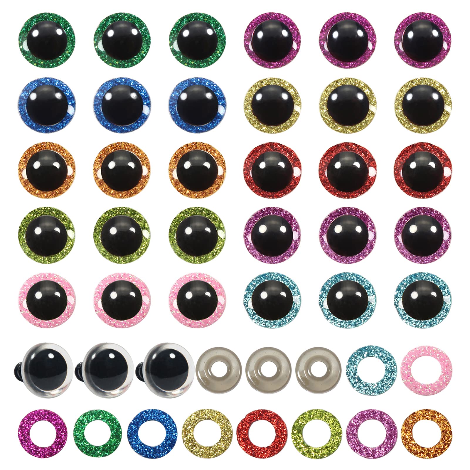 TOAOB 60 Pieces 16 mm Safety Eyes Doll Eyes Animal Eyes Plastic Craft Eyes Glitter Colourful Eyes with Washers for Crochet Animals Puppet Making