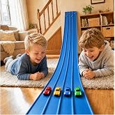 4-Lane Flexible Race Track, 15 Ft, Ocean Blue, Roll-Up Portable Racing Ramp with Suction Cups, Compatible with Hot Wheels/Matchbox and 1/64 Diecast Cars