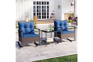 ORALNER 3-Piece Wicker Rocking Chair Set, Outdoor Cushioned Rocker and Acacia Wood Side Table, 400lbs Capacity, PE Rattan Pat