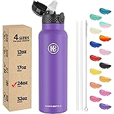 Han's Bottle Sports Water Bottle - 24 Oz, Straw Lid, Leak Proof, Vacuum Insulated Stainless Steel, Double Walled, Thermo Mug,Purple