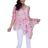 Vanbuy Plus Size Floral Chiffon Batwing Sleeve Tunic Blouse Boho Off-Shoulder Beach Cover Up Loose Summer Tops for Women