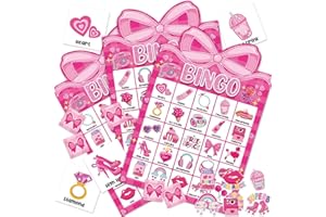 LONFLINESS 39 Pcs Pink Bow Party Bingo Game for Adults Kids 24 Players Pink Girls Party Bingo Game Cards with Reward Stickers for Family Friends Large Group Gathering Bachelorette Princess Doll Party Favors