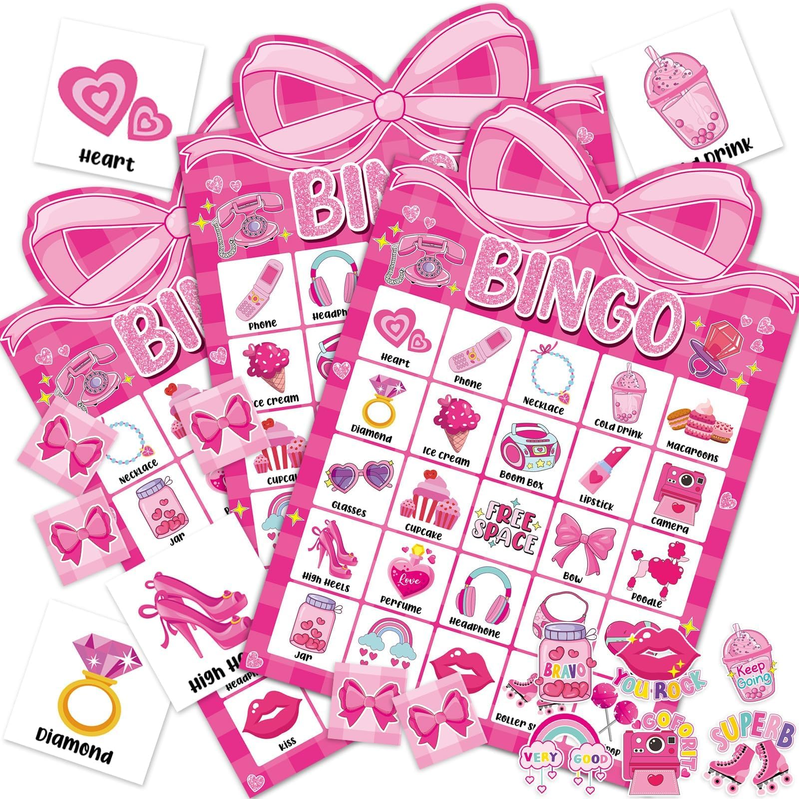 Photo 1 of 39 Pcs Pink Bow Party Bingo Game for Adults Kids 24 Players Pink Girls Party Bingo Game Cards with Reward Stickers for Family Friends Large Group Gathering Bachelorette Princess Doll Party Favors