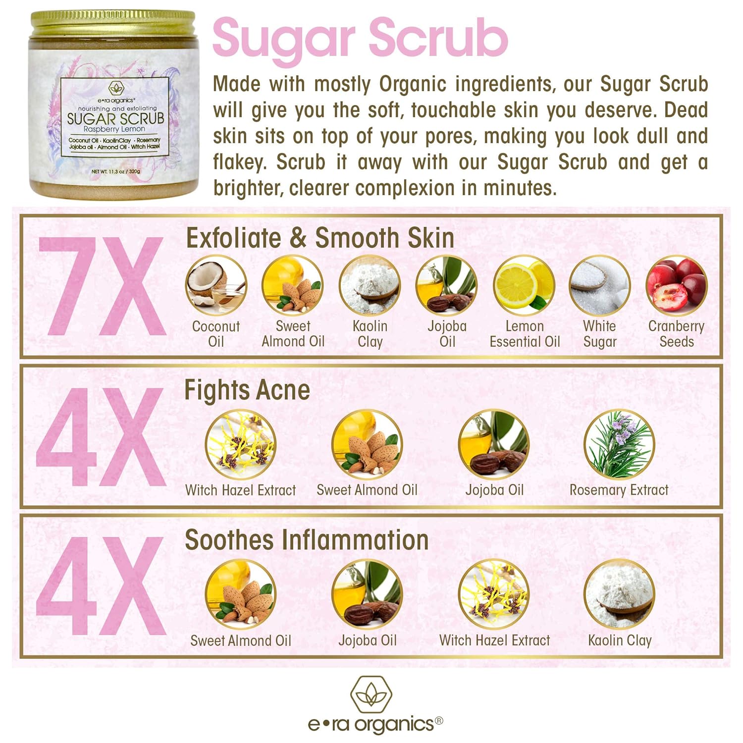 Natural & Organic Sugar Scrub Body Exfoliator - Spa Quality Organic Body Scrub with Food Grade Ingredients to Nourish, Moisturize & Rejuvenate Dull Dry Skin - No Harsh Chemicals, Parabens or Sulfates : Beauty