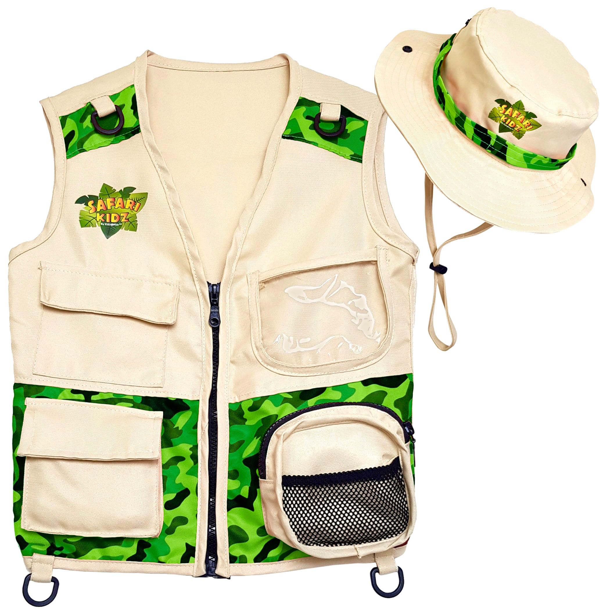 Safari Kidz Outdoor Explorer Kit - Camouflage Cargo Vest and Hat Set, Backyard Nature Adventures, Washable Costume for Boys and Girls … (green)