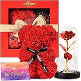 JZEEIWY Flower Rose Bear for Mom,Perfect Birthday Romantic Gift for Wife Daughter Girlfriend Friend Her,Light up Rose in Glass Dome for Birthday Anniversary Mothers Day Valentines Day