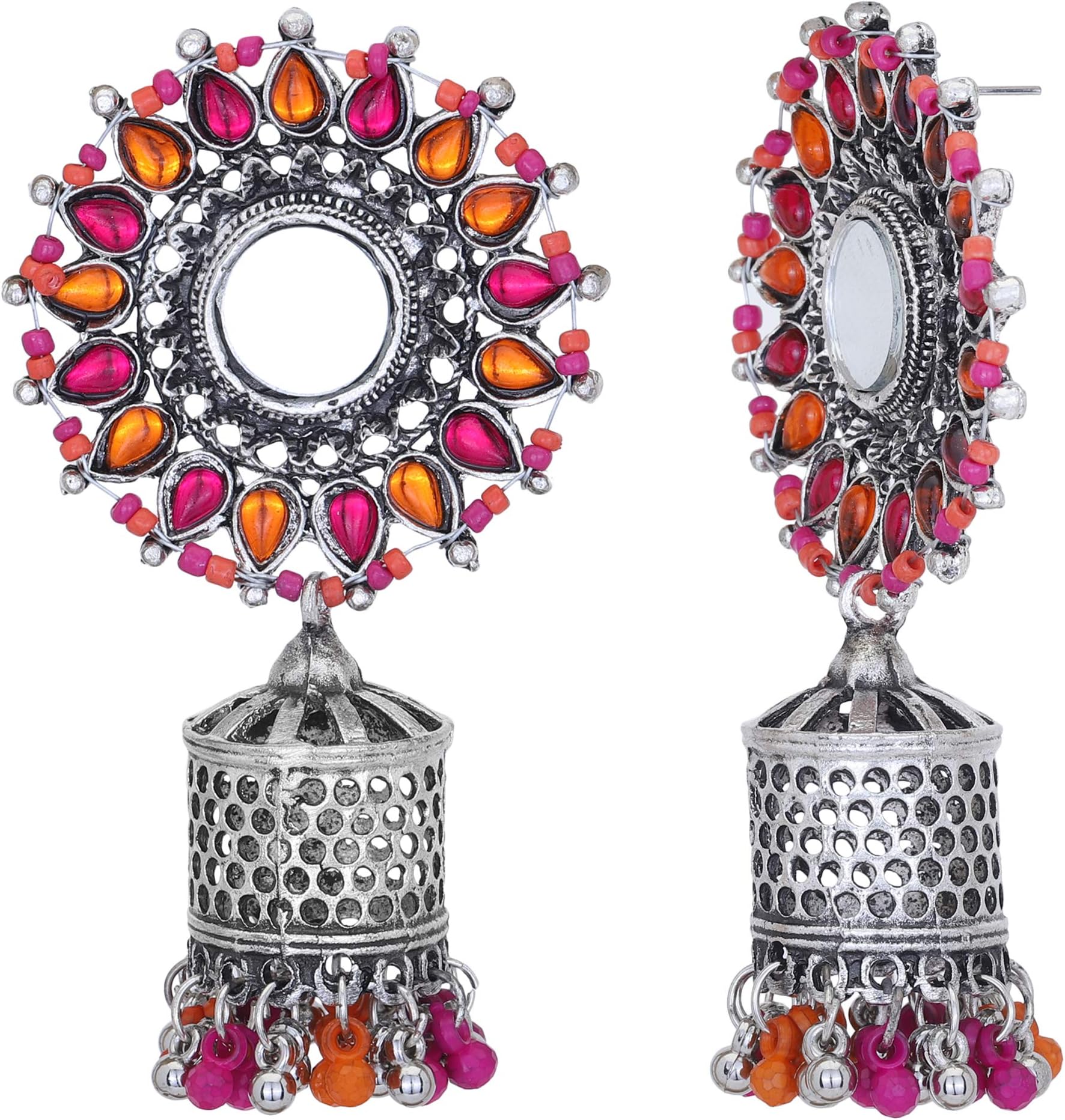 Afghani Partywear Indian Oxidized Silver CZ Stone Big Studs Jhumka Designer Earrings for Women and Girls