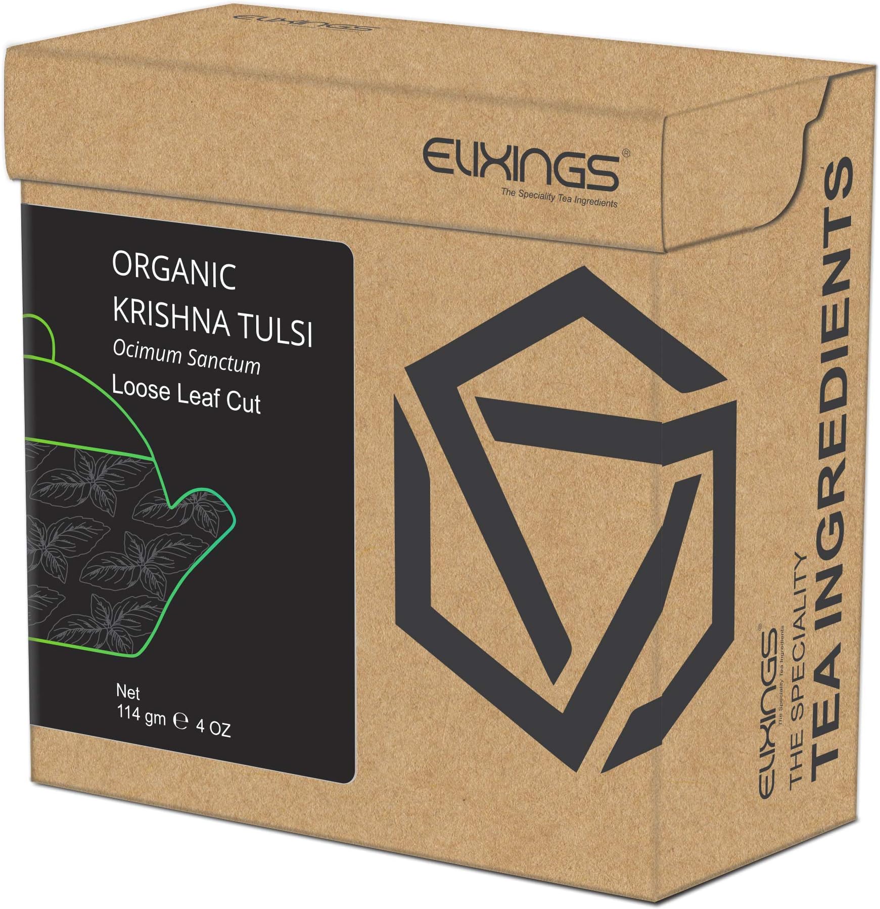 Elixings Organic Krishna Tulsi Loose Leaf Cut 114gm (4 OZ) Ocimum tenuiflorum, The Speciality Tea Ingredients