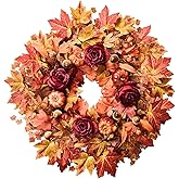 26'' Large Fall Wreath for Front Door, Autumn Wreaths for Outdoor Home Decor - Farmhouse Wreath with Maple Leaves, Pumpkins, Roses, Thanksgiving Decoration, Rustic Harvest Festival Door Hanging