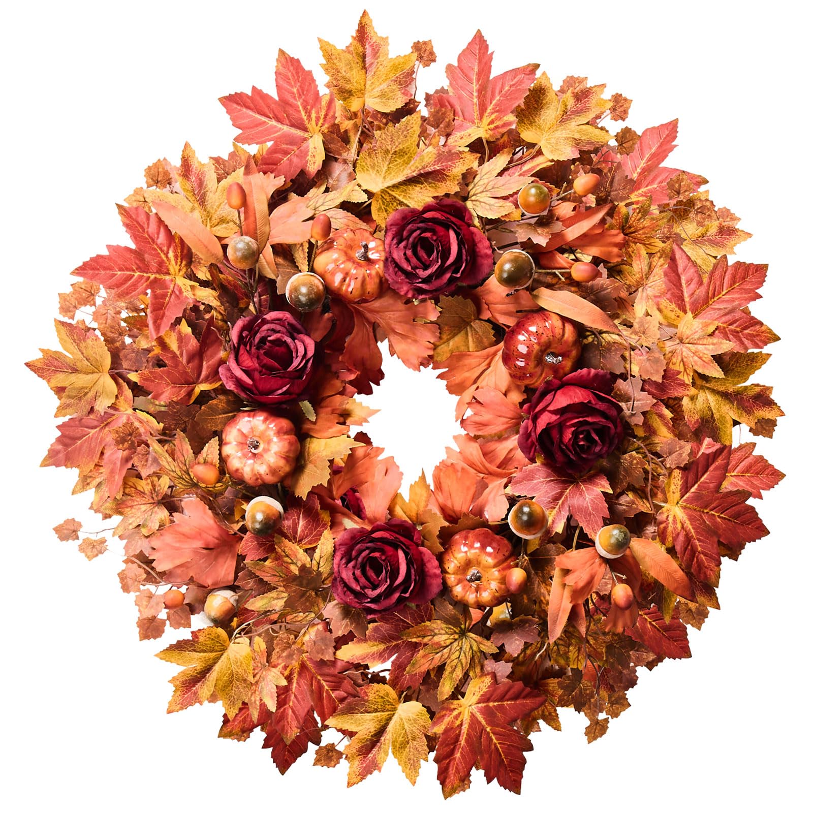 Photo 1 of 26'' Large Fall Wreath for Front Door, Autumn Wreaths for Outdoor Home Decor - Farmhouse Wreath with Maple Leaves, Pumpkins, Roses, Thanksgiving Decoration, Rustic Harvest Festival Door Hanging