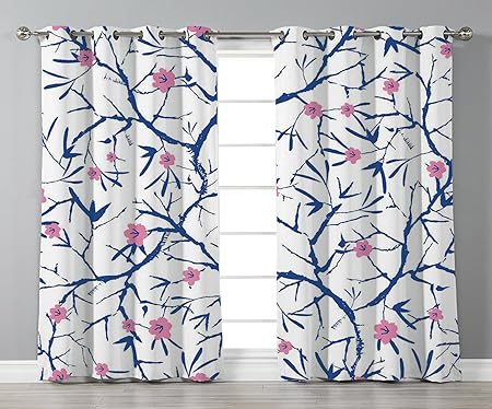Satin Grommet Window Curtains Navy And Blush Blooming Sakura Tree