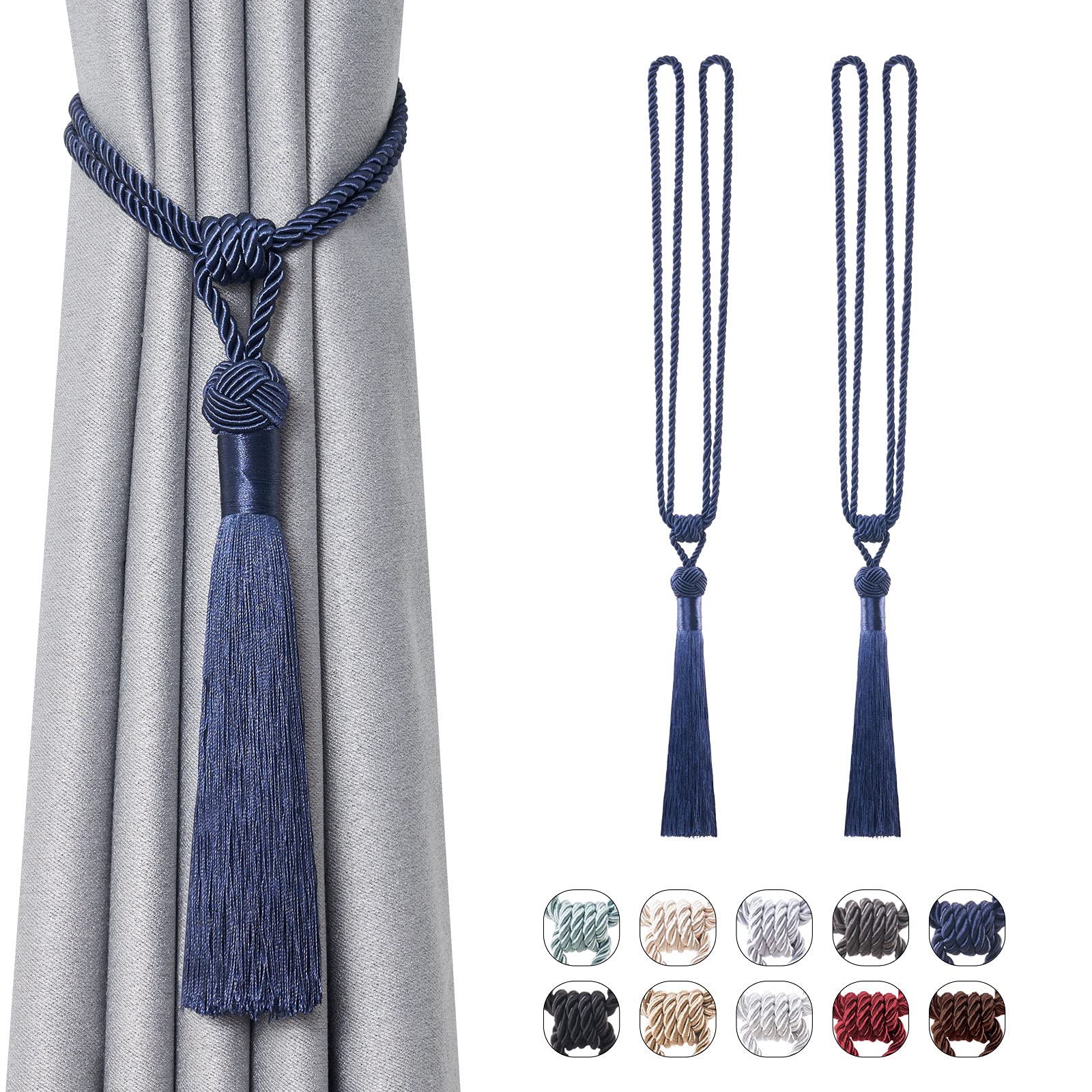Pretty Jolly 2 Pack Long Tassel Curtain Tiebacks Handmade Braided Rope Knot Drape Tie Backs European Style Decorative Curtain Holdbacks for Home & Office Window Drapery (Dark Blue) — image 1