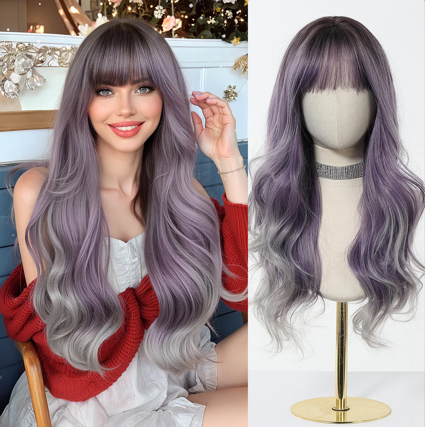 Esmee 24 Inches Long Wavy Ombre Purple to Grey Wigs for Women Natural Synthetic Hair Heat Resistant Ombre Wigs with Bangs for Daily Party Cosplay Use — image 1
