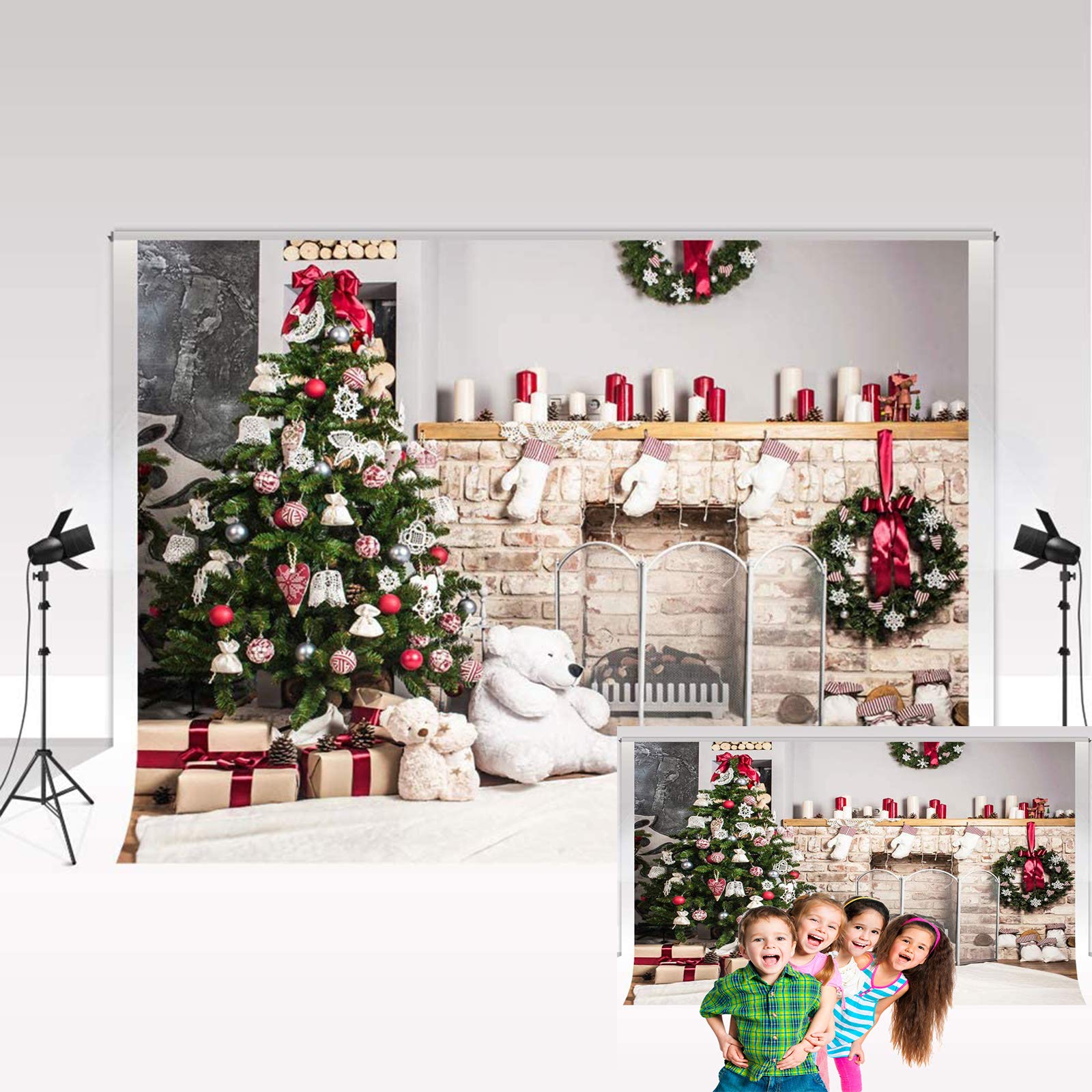 Kate Christmas Backdrop 3x2m Tree Fireplace Gloves Toy Bear Wreath Candles Photo Background Decoration for X-mas Photography