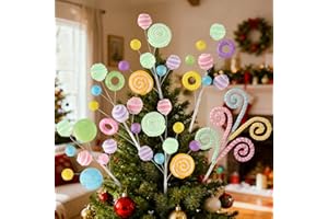 VABAMNA 5pcs Christmas Candyland Tree Decorations Macaron Candy Cane Tree Topper Sticks, Pastel Christmas Ornaments Lollipop and Candy Tree Picks, Curly Stripes Decor for Xmas Holiday Party Wreath Vase Decor