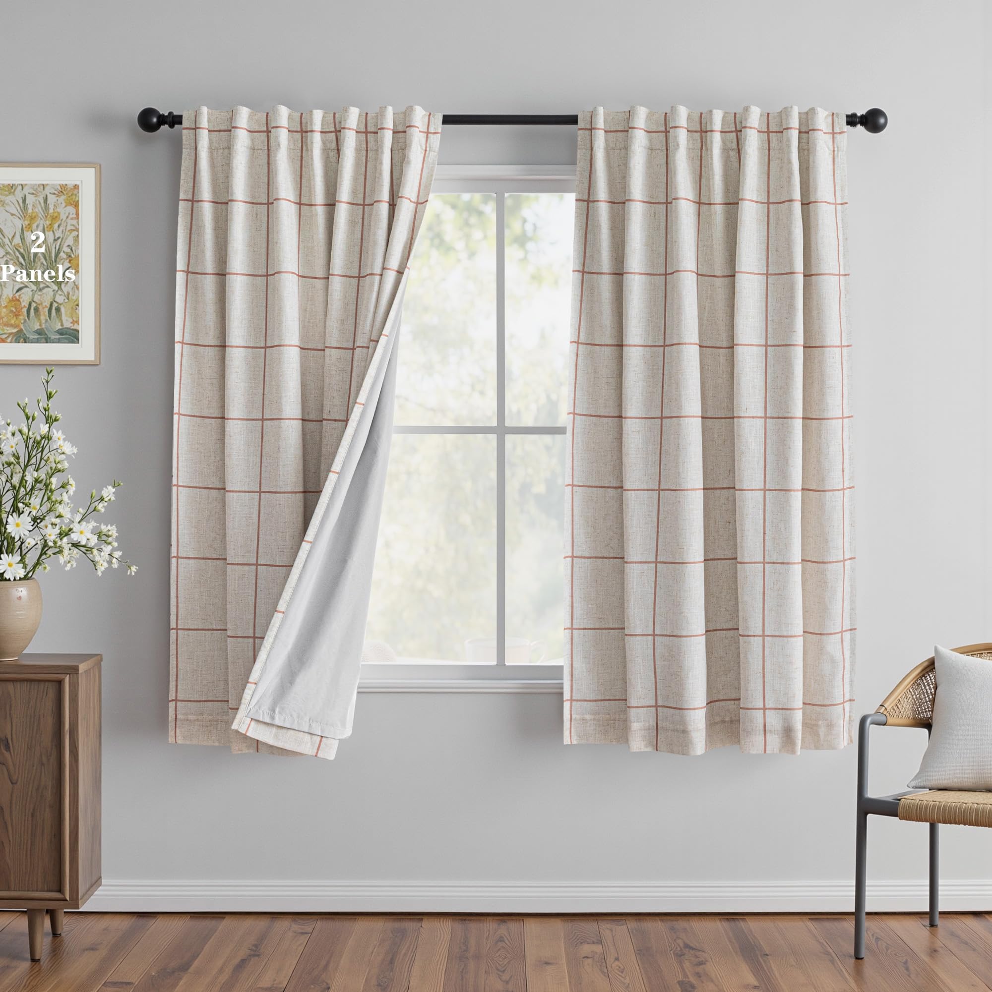 MYSKY HOME 100% Blackout Plaid Linen Curtains 63 Inches Length Double Layer Farmhouse Thermal Insulated Striped Print Drapes with Rod Pocket Back Tab for Bedroom Living Room, 2 Panels, 52" Wide, Tan