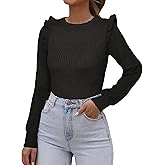 Simplee Womens Long Sleeve Sweaters Crewneck Ruffle Shoulder Fall Sweater Casual Ribbed Knit Pullover Tops 2025