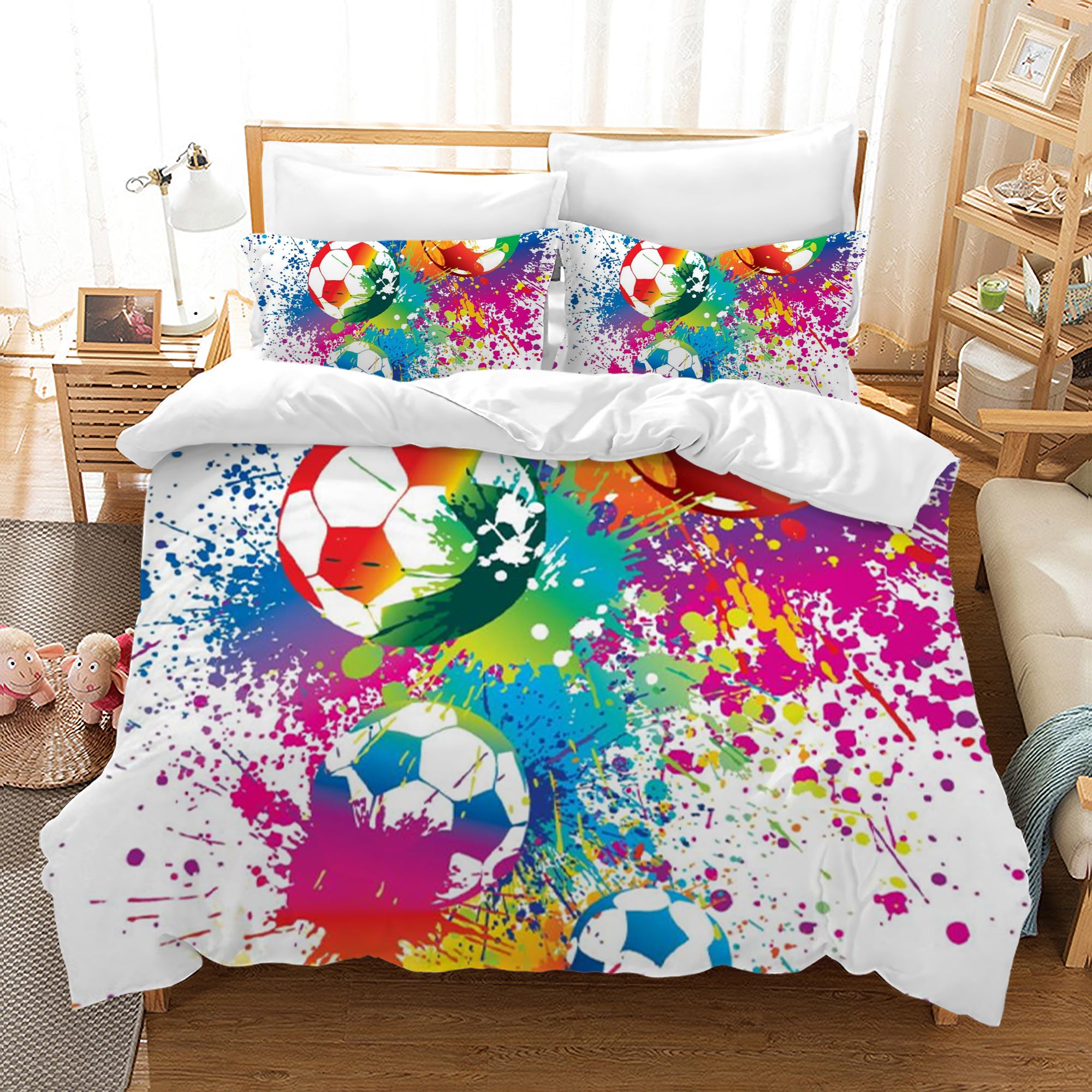 PQCXXA Football Duvet Cover 3 Piece Boys football Bedding Set with 2 Pillowcases 50x75 cm for Kids Children Teenagers (White, Single)