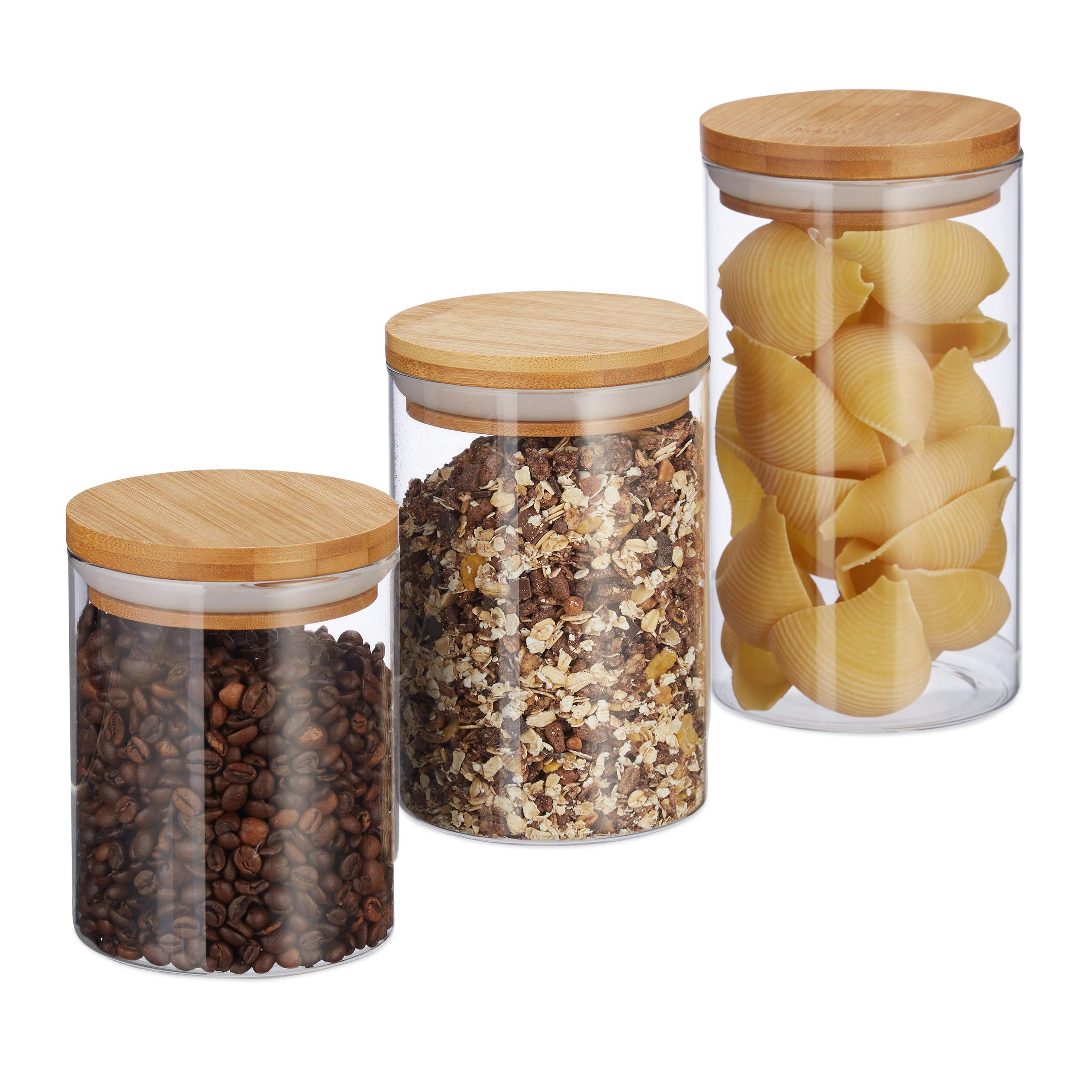 Relaxdays Glass Storage Jars, Set Of 3, In 500, 700 & 1000 ml, Pasta, Coffee, Tea, Biscuits, D 9.5 cm, Bamboo, Natural