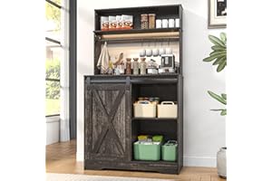 Linkriseed Farmhouse Coffee Bar Cabinet with LED Light, 55 Inch Bakers Rack with Storage, Large Coffee Bar Hutch with 6 Hooks and Sliding Barn Door for Living Dining Room, Dark Brown