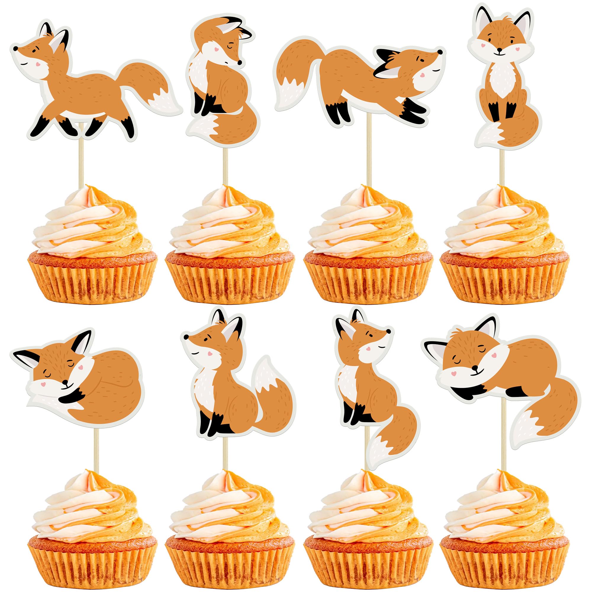 Gyufise 32Pcs Fox Cupcake Toppers Animal Babyshower Cake Picks for Woodland Animal Themed Baby Shower Birthday Party Table Decorations