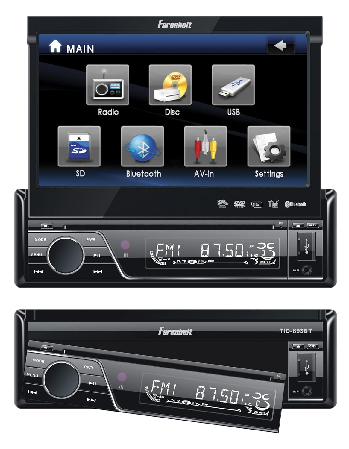 Fahrenheit TID-893B In Dash Source Unit DVD Player Single DIN with 7 - Inch Touchscreen Flip Out Monitor with Bluetooth