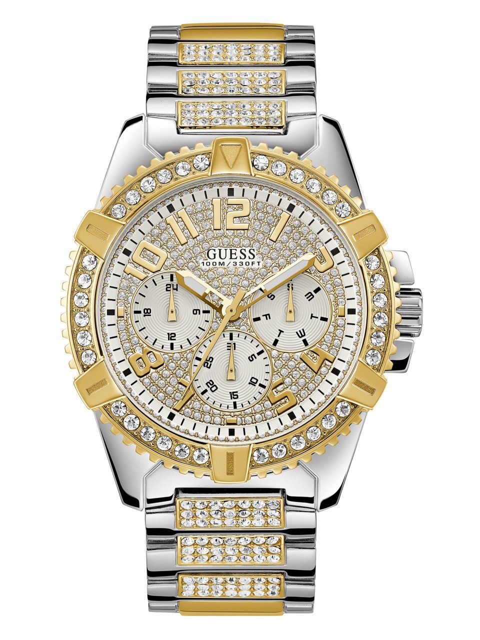 GUESS Reloj de pulsera adornado con cristales en tono dorado y acero inoxidable con día, fecha y hora militar/internacional las 24 horas. Color: plateado + dorado (modelo: U0799G4)