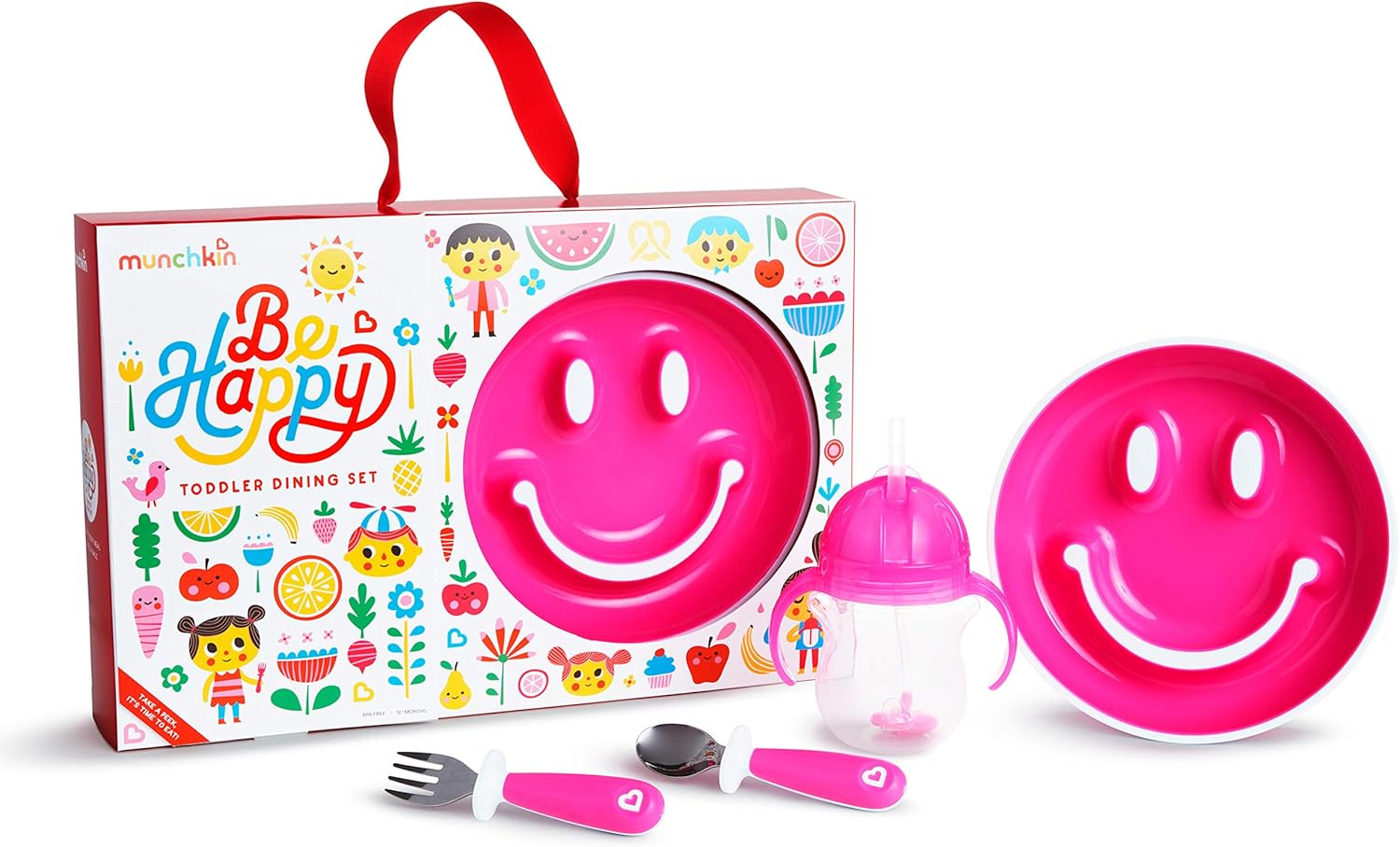Munchkin® Be Happy Toddler Dining Set, Includes Suction Plate, Straw Cup and Utensil Set, Pink, 4 Piece set