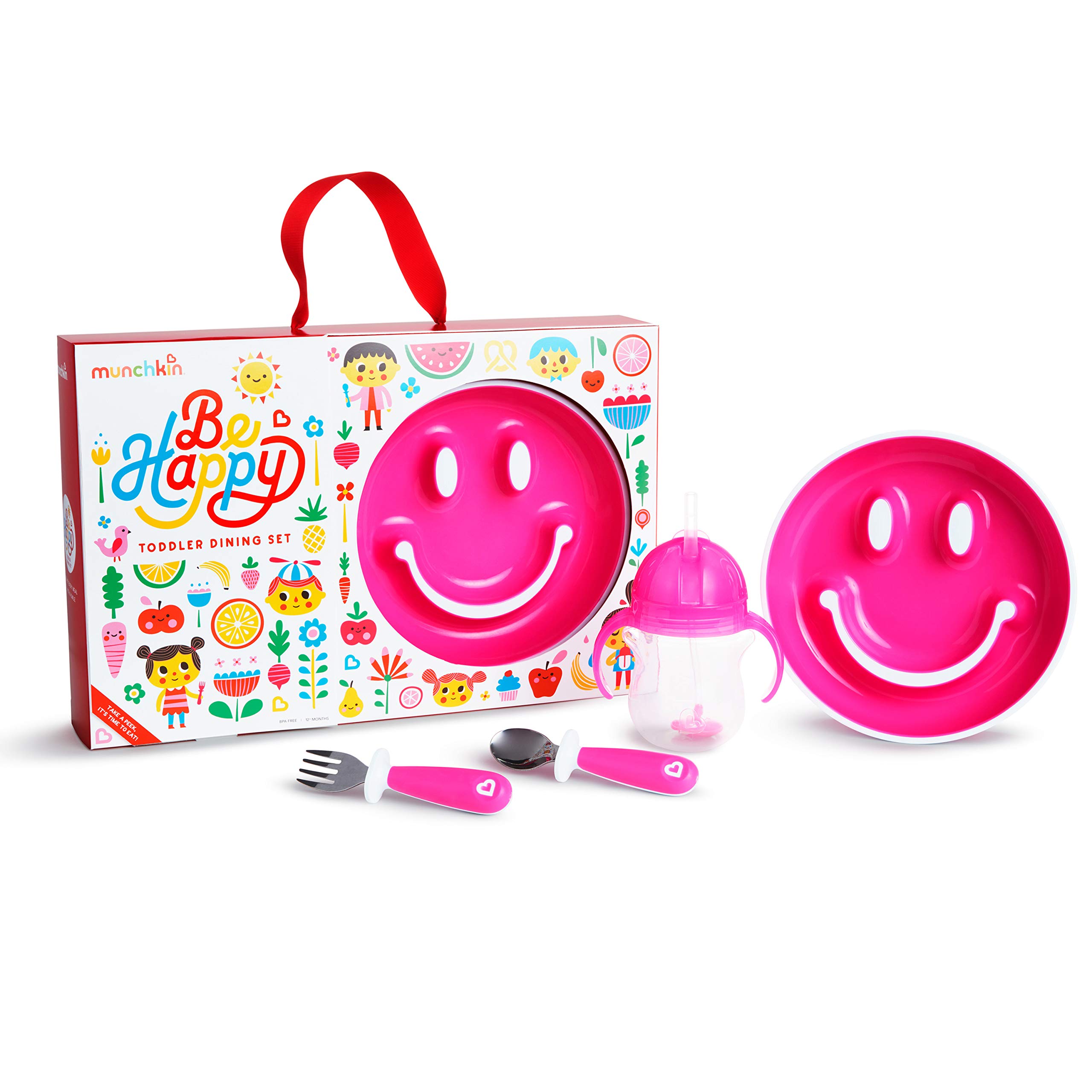 Munchkin Be Happy Toddler Dining Set Includes Suction Plate Straw Cup and Utensil Set, Pink