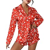 Ekouaer Womens Satin Pajama Sets Long Sleeve Top and Shorts Lounge Set Button Down Sleepwear