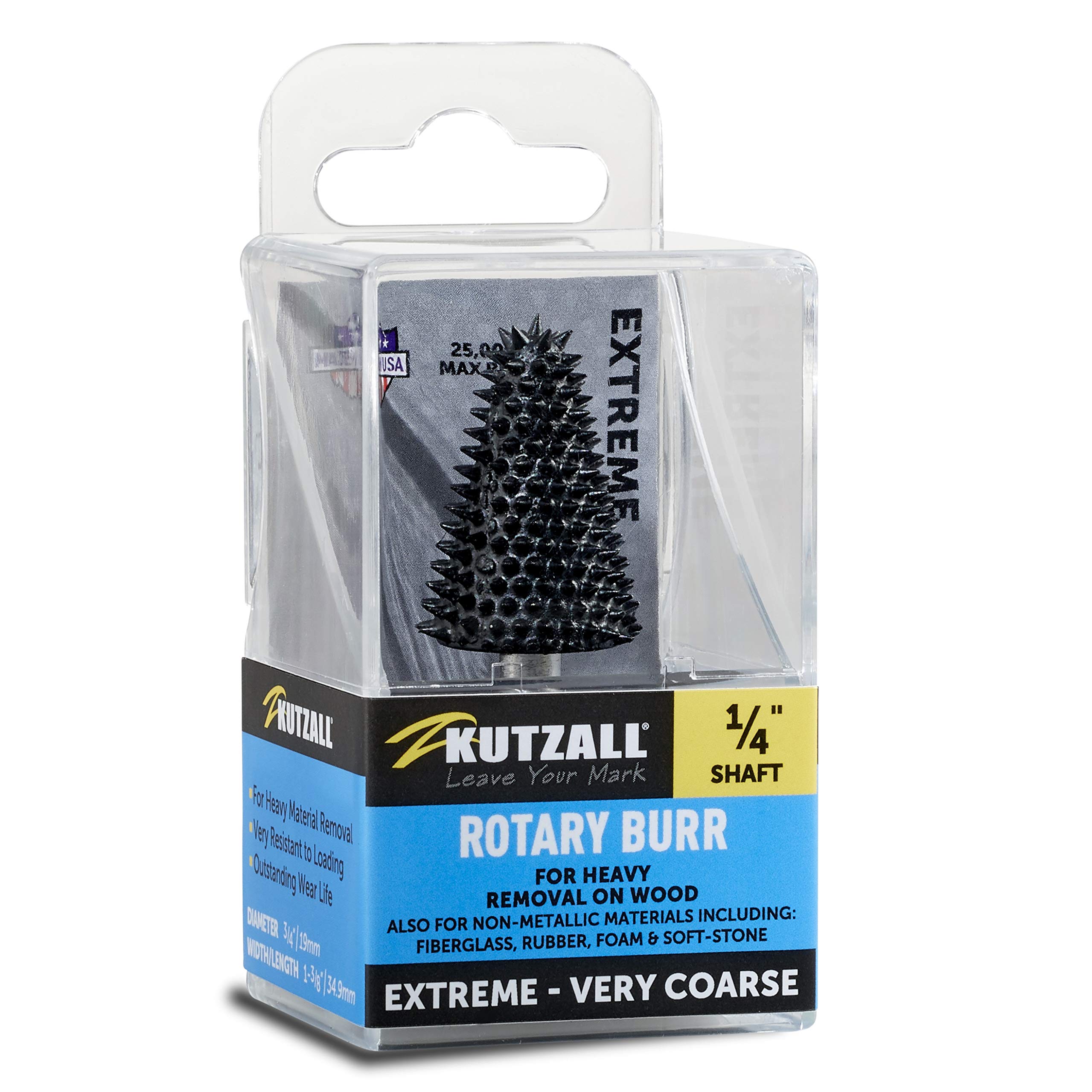 Kutzall Extreme Taper Rotary Burr, 1⁄4" Shaft, Very Coarse - Woodworking Attachment for Bosch, DeWalt, Milwaukee, Makita. Abrasive Tungsten Carbide, 3⁄4" (19mm) Dia. X 1-1⁄4" (31.8mm) Length, TX-34C