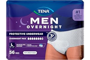 TENA Men Protective Incontinence Underwear Overnight Max Absorbency, L, 56 Count (Waist Size 34in-44in)