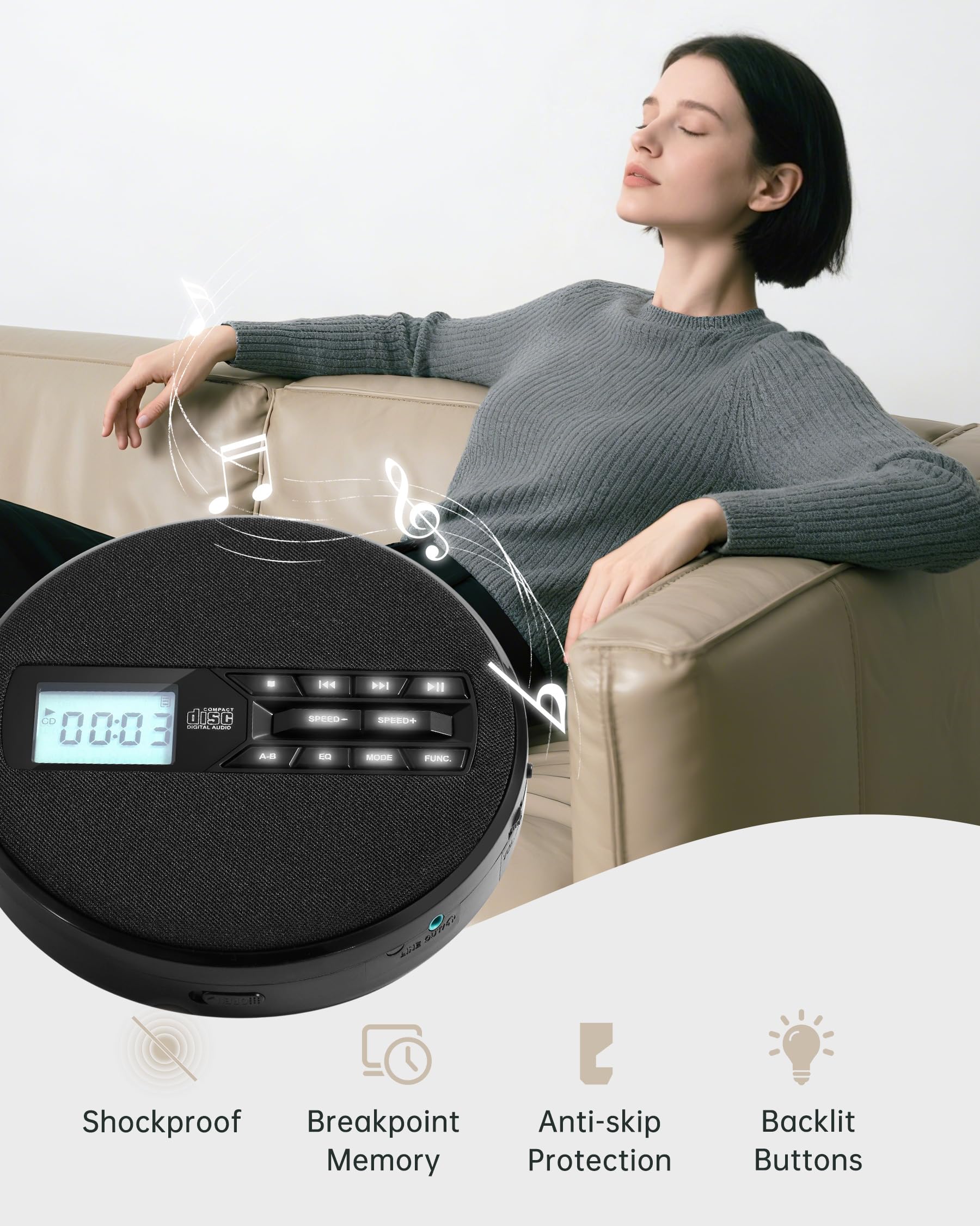 CD Player Portable with Speakers - Rechargeable Personal CD Player for Car and Home, Small Fabric Music Player with Backlit Display, Anti-Skip, AUX/USB Port - Ideal for Audiobooks & Gifts