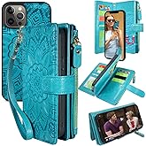 Harryshell Compatible with iPhone 12 Pro Max Case Wallet Detachable Magnetic Zipper Leather Cash Pocket 12 Card Slots Holder Wrist Strap Designed for iPhone 12 Pro Max 6.7 inch (Floral Blue Green)