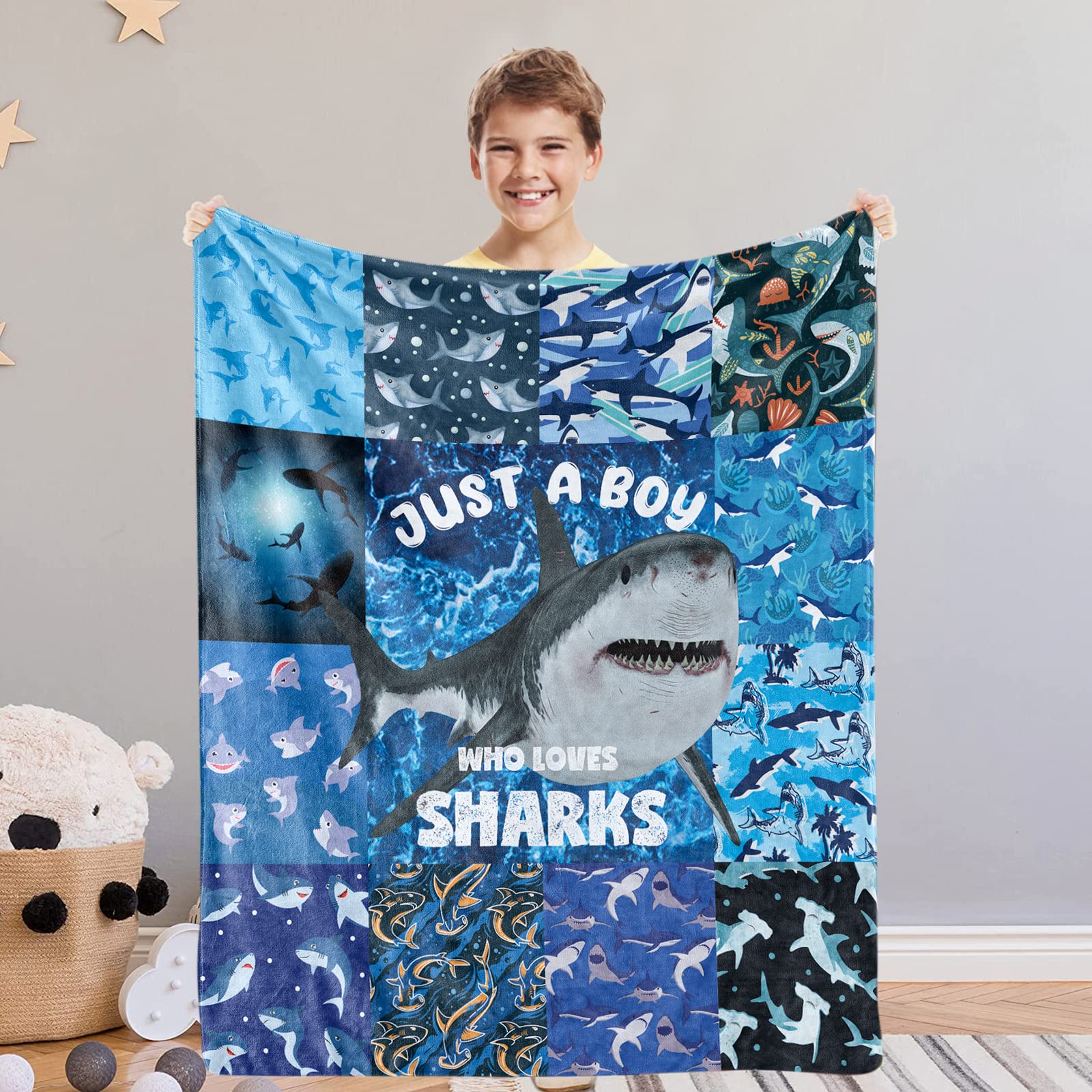 Domgoge Shark Blanket for Baby Just a Boy Who Loves Sharks Blanket Ocean Animals Throw Blankets Gifts for Kids Toddler Warm Lightweight Flannel Fleece Blanket for Nursery, Blue, 76cm x 102cm