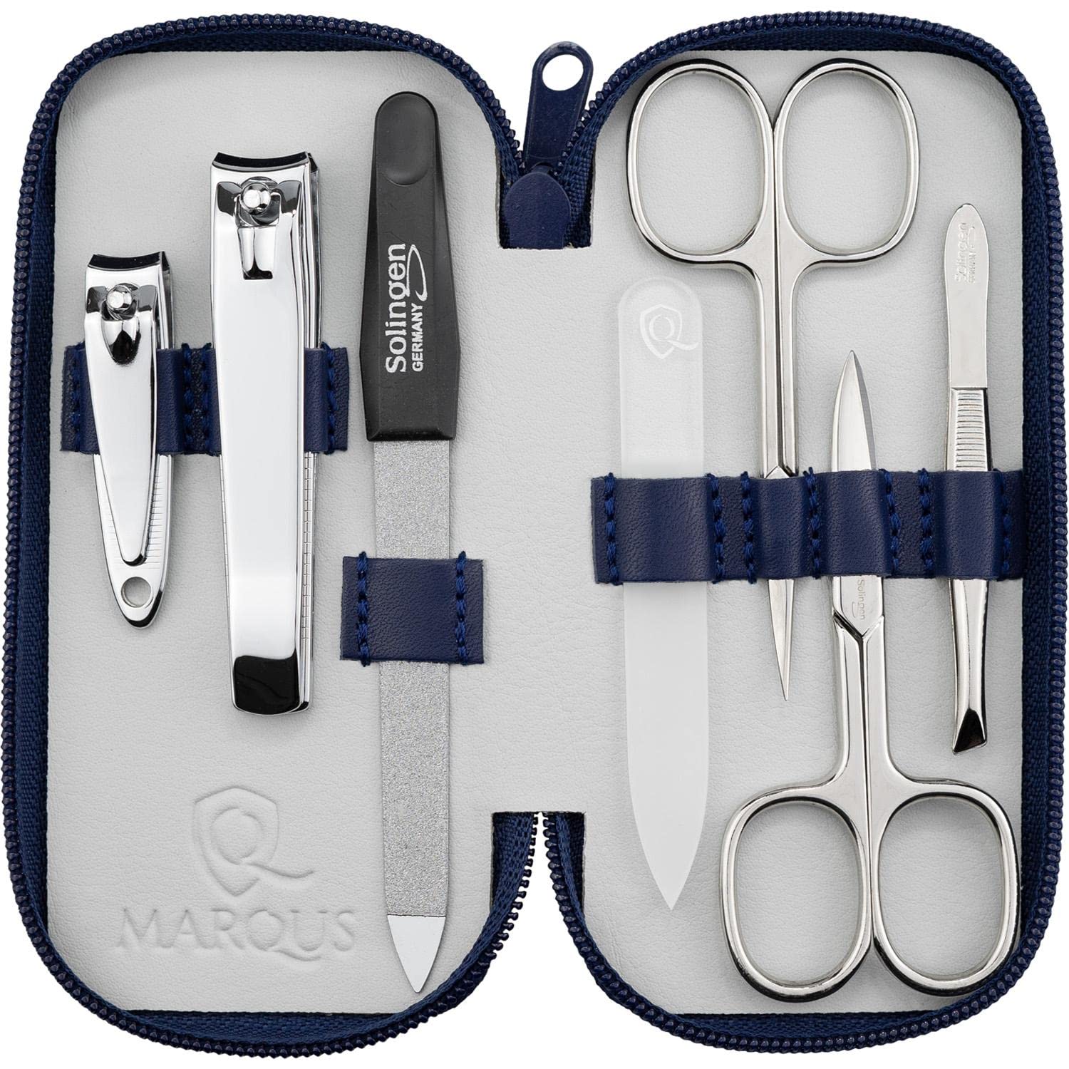 Solingen Manicure Set for Women & Men - 7-Piece Nail Kit Made in Germany with Patented Glass Nailfile - Handy and Soft Real Leather Case, Blue