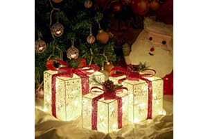 BSTGE Christmas Decorations, Set of 3 Christmas Lighted Gift Boxes, Battery Operated Xmas Present Boxes, Warm White LED with Bows for Indoor Christmas Tree, Yard, Home Decor