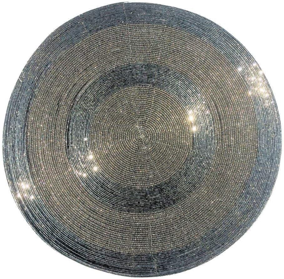 WHW Whole House Worlds Crosby Street Shimmer and Chic Round Silver Filigree Beaded Placemats, Set of 2, Wire, Glass, 13.75 Inches