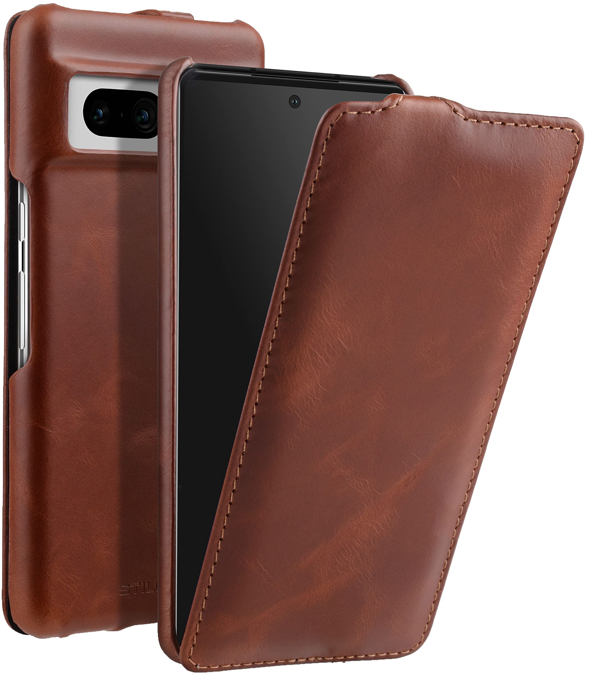 STILGUT UltraSlim Compatible with Google Pixel 7 Case - Pixel 7 Leather Flip Case, Flip Case, Mobile Phone Case, Leather Case - Cognac