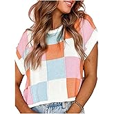 Verdusa Women's Colorblock Plaid Cozy Sweaters Vest Cap Sleeve Lightweight Pullover Knit Tops
