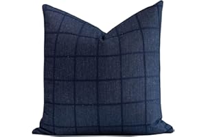 Crumbs Home Coastal Linen Indoor Outdoor Throw Pillow Cover Only, 22"x22" Water Repellent for Patio, Backyard, Couch, Dark Navy Plaid