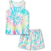 Topgal Summer Pajamas for Little/Big Girls - Tie Dye Kids' Tank Top & Shorts 2-Piece Sleepwear Set Size 6-18
