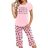 LHBNK Valentines Pajamas for Women: Valentines Pj Sets Short Sleeve Sleepwear Tops With Capri Pants Pajamas Set